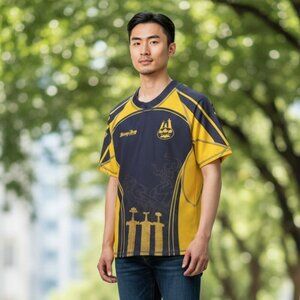 Dirty Dog Rugby Sz Small Navy Yellow Short Sleeve Crew Neck Scuba Jersey Shirt